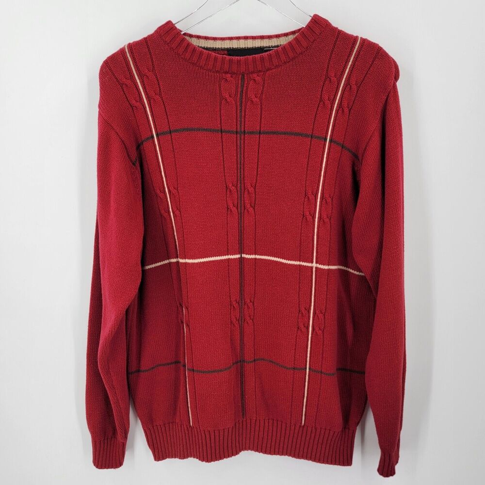 Bill Blass Sweater Mens XL Cable Knit Stripe Crewneck Pullover Red Vintage